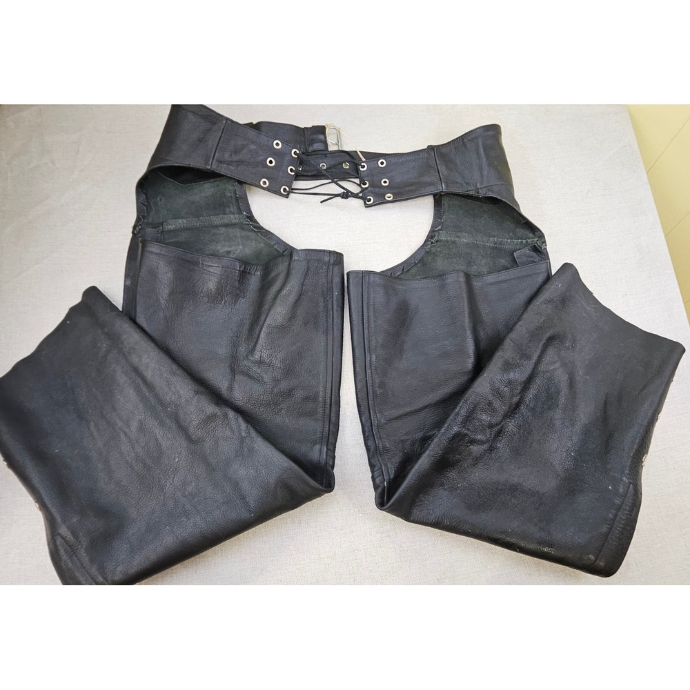 River Road XL Black Leather Motorcycle‎ Chaps Biker Riding Gear Adjustable Waist